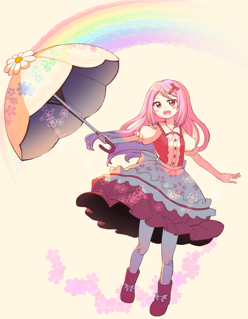 1girl animal_ear_legwear anmita_(rarutos) apron boots bow cat_ear_legwear collared_shirt commentary_request commission desultory_directory dress flat_chest footwear_ribbon frilled_dress frilled_sleeves frills full_body hair_bow highres holding holding_umbrella long_hair open_mouth parasol partial_commentary pink_eyes pink_hair pink_ribbon puffy_short_sleeves puffy_sleeves rainbow red_boots red_bow red_dress ribbon shirt short_sleeves shuubou_sakurako skeb_commission smile socks solo umbrella waist_apron white_apron white_shirt white_socks