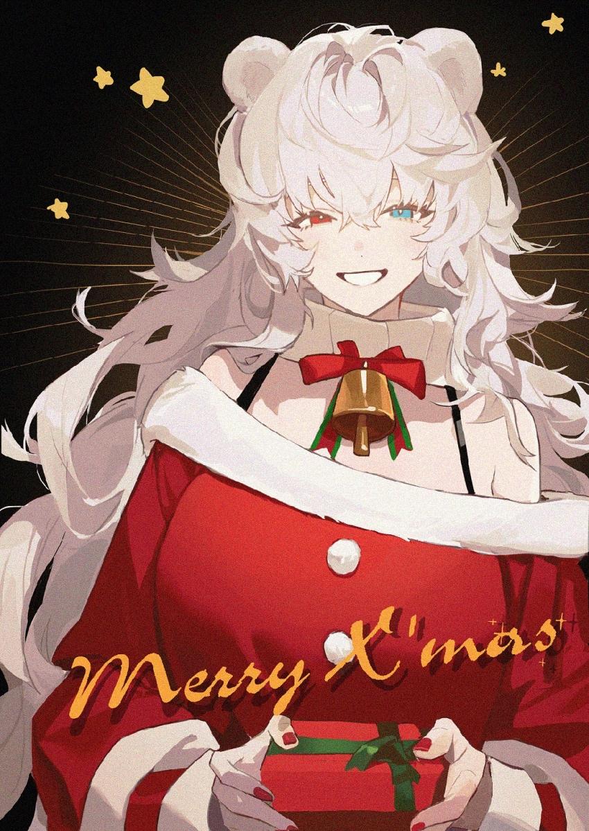 1girl :d aqua_eyes arknights aura bare_shoulders bell chinese_commentary christmas commentary fur-trimmed_sweater fur_trim gift grin hair_between_eyes heterochromia highres holding holding_gift long_hair long_sleeves looking_at_viewer making-of_available merry_christmas neck_bell off_shoulder open_mouth red_eyes red_sweater rosa_(arknights) santa_costume smile solo star_(symbol) sweater upper_body white_hair xingchen_keke