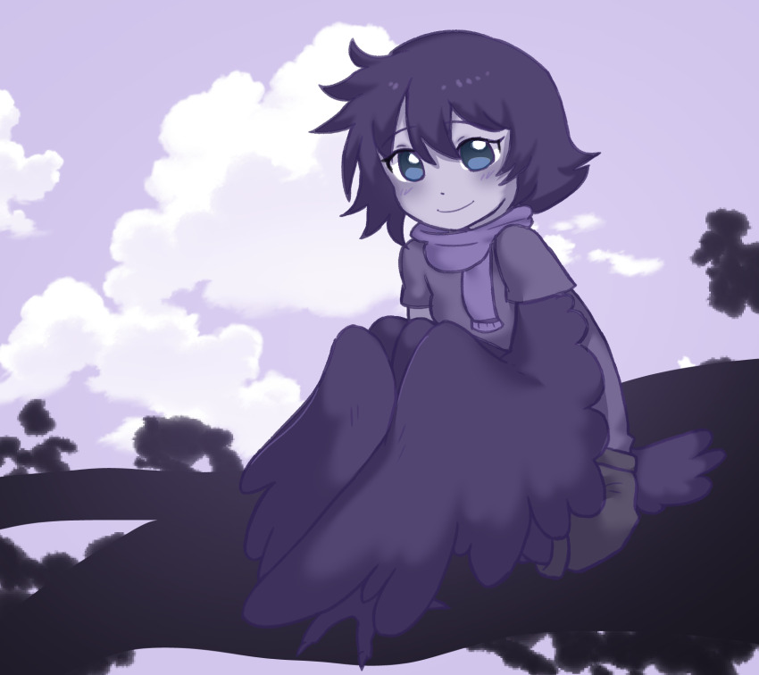 bird_legs bird_tail black_feathers black_hair black_wings blue_eyes blush cloud commission commissioner_upload crowgirl feathered_wings feathers hair_between_eyes harpy highres limited_palette looking_at_viewer monster_girl original purple_scarf scarf shirt short_hair shorts sitting sitting_on_branch smile tail twibli1 winged_arms wings