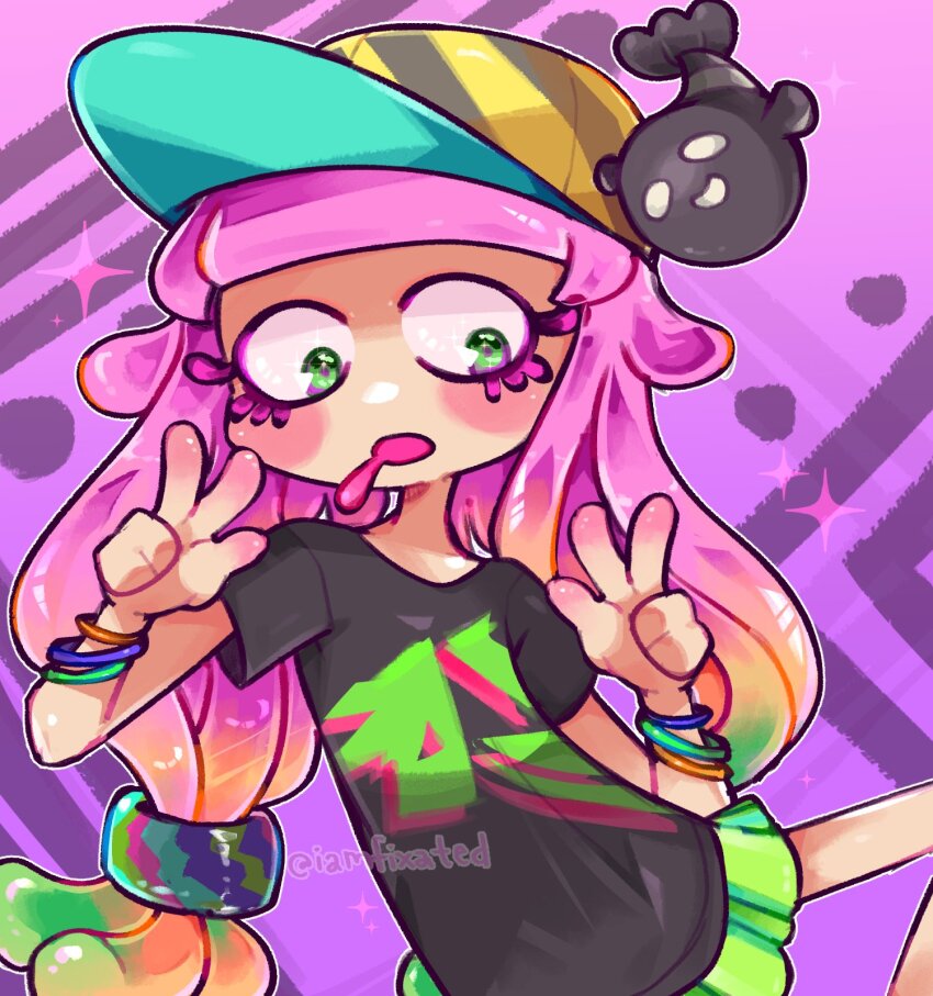 1girl artist_name baseball_cap black_shirt bracelet clownfish colored_eyelashes cowboy_shot double_v drooling fish gradient_hair green_eyes green_hair green_skirt harmony&#039;s_clownfish_(splatoon) harmony_(splatoon) hat highres iamfixated jewelry long_hair looking_down miniskirt multicolored_hair multicolored_hat multiple_bracelets nintendo no_eyebrows no_nose open_mouth outline pink_hair pink_pupils purple_background sea_anemone shirt short_sleeves signature single_bare_leg skirt solo sparkle splatoon_(series) splatoon_3 striped_clothes striped_headwear tentacle_hair tropical_fish twitter_username two-tone_hair v white_outline
