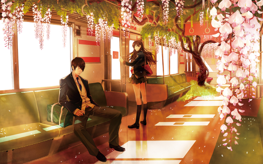 1boy 1girl bag blazer brown_hair digital_media_player earphones flower hair_over_one_eye headphones highres ipod jacket kneehighs long_hair mizu_no necktie original overgrown petals school_bag school_uniform short_hair socks train train_interior tree vanishing_point wisteria