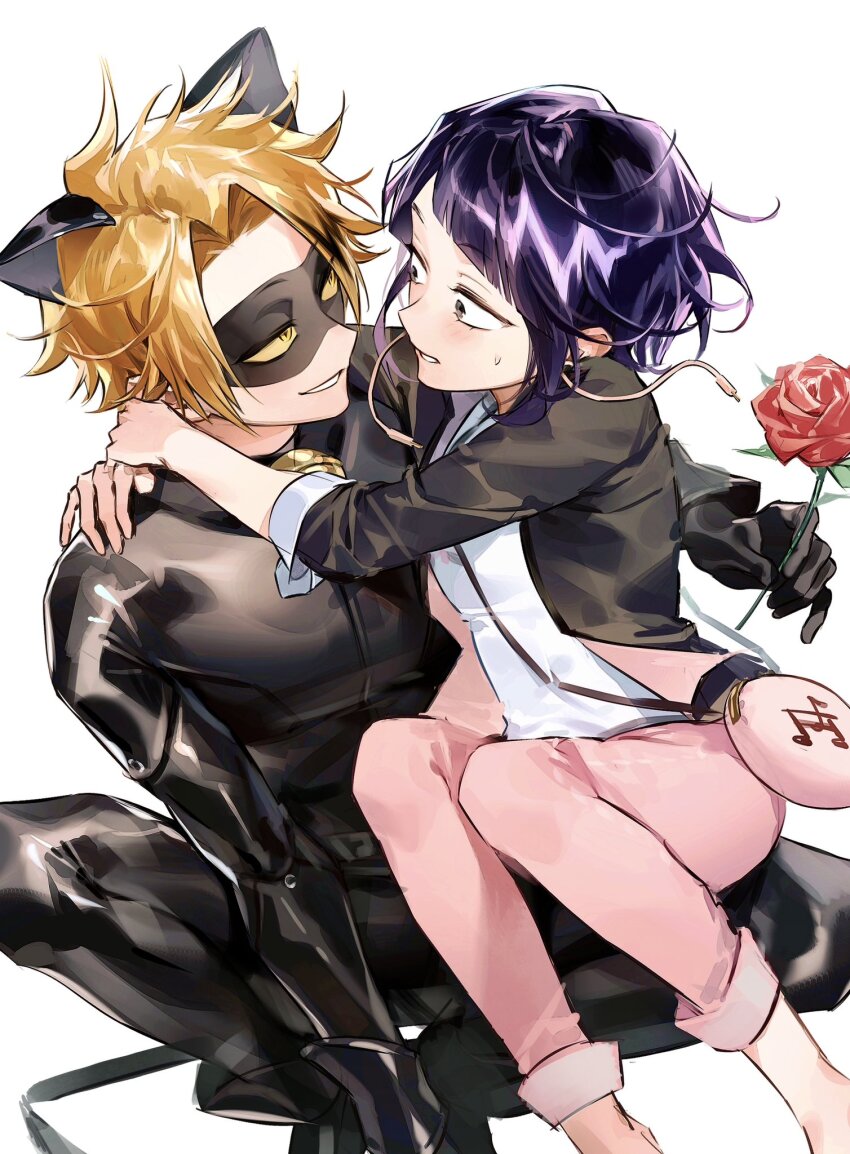 1boy 1girl animal_ears audio_jack bag bell black_bodysuit black_jacket black_mask blonde_hair bodysuit boku_no_hero_academia cat_ears chat_noir chat_noir_(cosplay) cosplay domino_mask eye_contact feet_out_of_frame flower herovvvzzz hetero highres holding holding_flower hug jacket jiro_kyoka kaminari_denki long_earlobes looking_at_another mask miraculous_ladybug open_clothes open_jacket pants purple_hair short_hair shoulder_bag smile