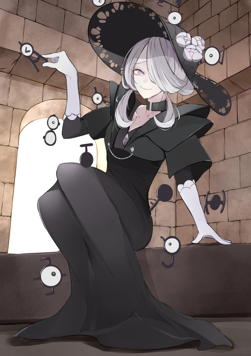 1girl absurdres black_choker black_dress black_eyes black_hat choker closed_mouth cogita_(pokemon) collarbone doorway dress everyone floating flower full_body furrowed_brow gen_2_pokemon gloves grey_eyes grey_hair hair_bun hair_over_one_eye hand_up hat hat_flower highres holding holding_pokemon looking_at_viewer mature_female nintendo one-eyed pinching pokemon pokemon_(creature) pokemon_legends:_arceus ruins short_hair single_hair_bun sitting smile sun_hat tsukune2398 unown unown_a unown_e unown_g unown_j unown_k unown_n unown_q unown_t unown_u unown_x unown_z white_gloves white_hair