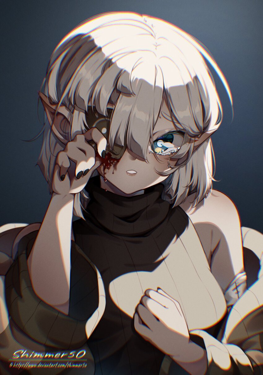 1girl artist_name bare_shoulders black_shirt blood blood_drip blood_on_face blue_background blue_eyes bright_pupils commentary crying crying_with_eyes_open dark-skinned_female dark_skin detached_sleeves deviantart_username elf english_commentary eyelashes green_jacket hand_on_own_chest highres holding holding_paper jacket layered_sleeves lips long_sleeves looking_at_viewer open_clothes open_jacket open_mouth original paper pink_lips pointy_ears sad shimmer5o shirt short_hair sleeveless sleeveless_shirt solo streaming_tears striped_clothes striped_shirt tears teeth turtleneck turtleneck_shirt upper_body vertical-striped_clothes vertical-striped_shirt white_hair white_pupils white_sleeves