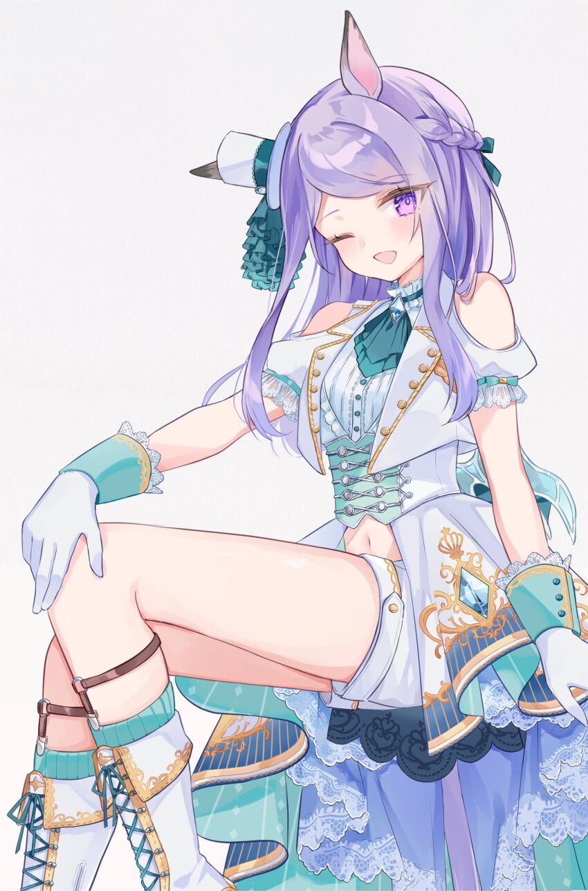 1girl ;d animal_ears clothing_cutout gloves grey_background hat highres horse_ears horse_girl long_hair looking_at_viewer mejiro_mcqueen_(end_of_sky)_(umamusume) mejiro_mcqueen_(umamusume) mini_hat mini_top_hat moko_(mokochisa) navel official_alternate_costume one_eye_closed open_mouth purple_eyes purple_hair short_sleeves shoulder_cutout simple_background sitting smile solo swept_bangs top_hat umamusume white_gloves white_hat