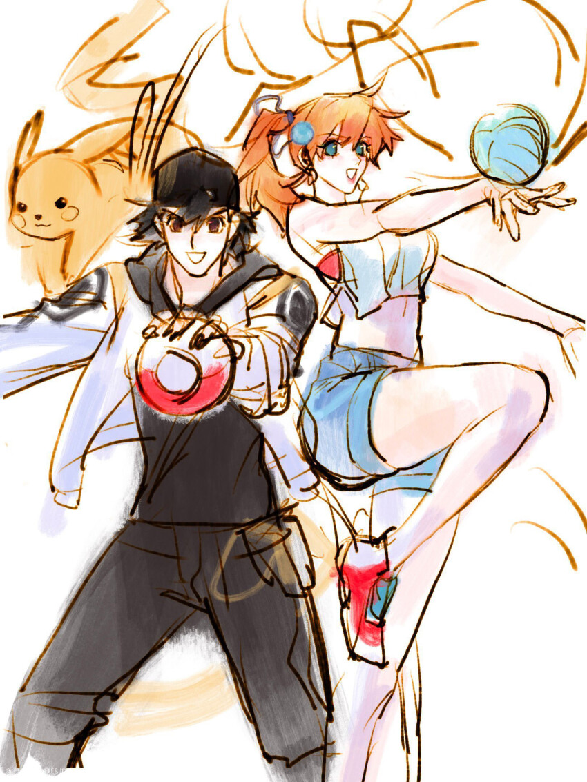 1boy 1girl aged_up ash_ketchum asymmetrical_hair baseball_cap black_hair blue_eyes breasts brown_eyes clefi_toi cosplay crop_top denim denim_shorts gen_1_pokemon green_eyes gym_leader hat highres holding holding_poke_ball hood hoodie jacket looking_at_viewer midriff misty_(pokemon) nintendo open_mouth orange_hair pikachu poke_ball pokemon pokemon_(anime) pokemon_lgpe pokemon_masters_ex ponytail red_(pokemon) red_(pokemon)_(cosplay) red_(sygna_suit)_(thunderbolt)_(pokemon) shirt shoes short_hair short_shorts shorts side_ponytail sketch smile sneakers source_request suspenders yellow_shirt