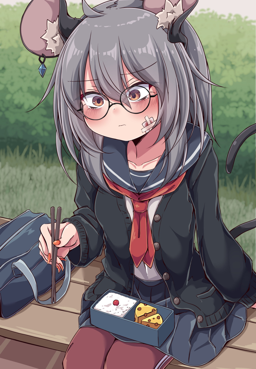 1girl alternate_costume animal_ears arm_at_side bag bandaid bandaid_on_cheek bandaid_on_face bench bento bespectacled blurry blurry_background blush buttons cardigan casual cheese chopsticks closed_mouth contemporary day double-parted_bangs earrings fingernails food furrowed_brow glasses hair_between_eyes highres holding holding_chopsticks jewelry long_fingernails long_sleeves miniskirt mouse_ears mouse_girl mouse_tail nazrin on_bench open_cardigan open_clothes outdoors pants pants_under_skirt red_nails rice sailor_collar school_uniform serafuku shirt single_earring sitting siw0n skirt solo tail textless_version touhou track_pants unbuttoned