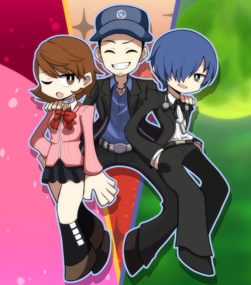 1girl 2boys baseball_cap belt black_hair black_jacket black_pants black_ribbon black_shoes black_skirt black_socks blue_hair blue_hat blue_shirt bow bowtie brown_eyes brown_hair brown_shoes cardigan choker collared_shirt commentary_request deformed digital_media_player earphones earphones_removed facial_hair facing_viewer flipped_hair full_body full_moon gekkoukan_high_school_uniform grey_eyes grin hair_over_one_eye hand_on_another&#039;s_shoulder hand_on_own_hip hands_in_pockets hat heart heart_choker highres iori_junpei jacket jewelry kneehighs long_sleeves looking_at_another loose_bowtie miniskirt moon multiple_boys neck_ribbon necklace one_eye_closed open_clothes open_jacket open_mouth pants persona persona_3 pink_cardigan pleated_skirt red_bow red_bowtie ribbed_cardigan ribbon school_uniform shirt shoes short_hair skirt smile socks sparkle takeba_yukari user_rvkm7424 white_choker white_shirt yuuki_makoto_(persona_3)