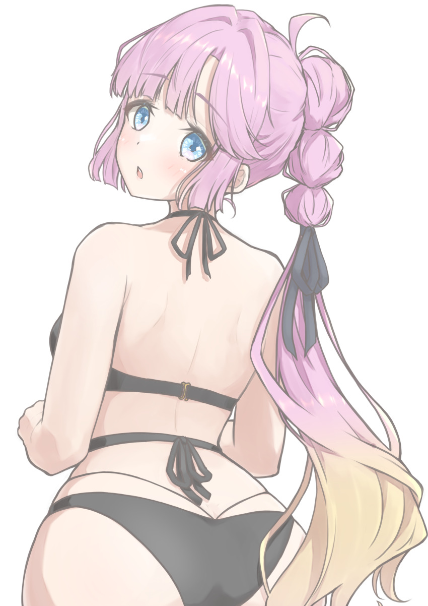 1girl absurdres anyoji_hime ass back bare_shoulders bikini black_bikini black_ribbon blue_eyes blush braid braided_ponytail breasts hair_ribbon halterneck highres link!_like!_love_live! long_hair looking_at_viewer love_live! median_furrow open_mouth pink_hair ribbon shoulder_blades simple_background solo swimsuit white_background zacuro