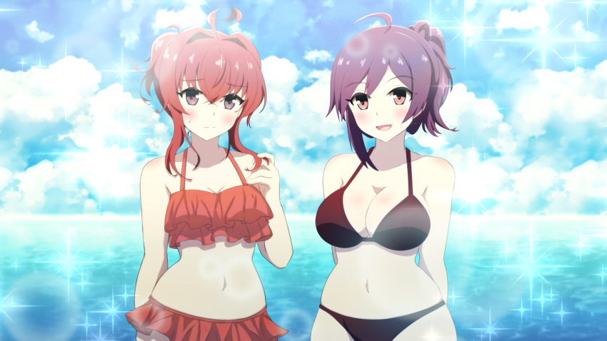 2girls ahoge arashi_(kancolle) asymmetrical_hair bikini bikini_skirt black_bikini brown_eyes day frilled_bikini frills hagikaze_(kancolle) haoto_(arnica_leaf) kantai_collection long_hair looking_at_viewer multiple_girls navel ocean one_side_up outdoors purple_hair red_bikini red_hair sidelocks swimsuit