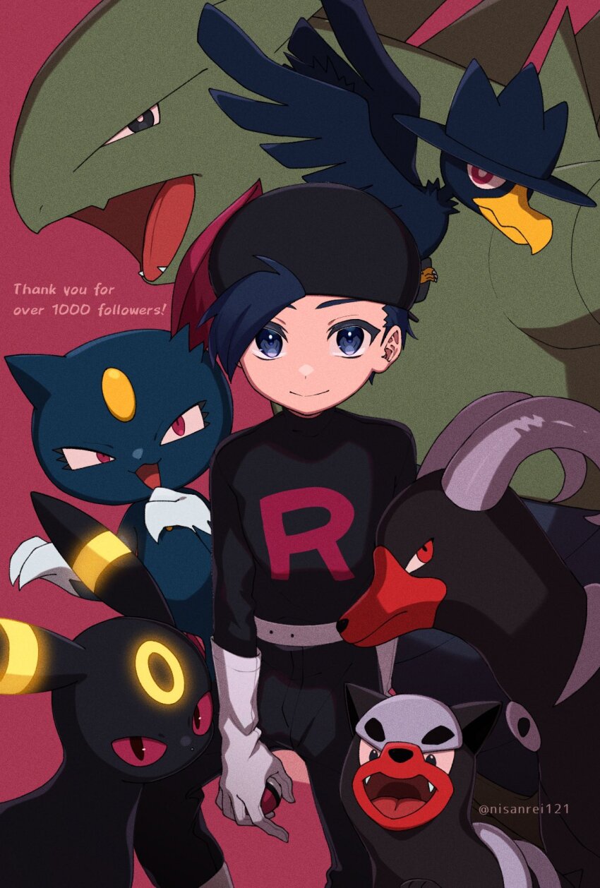 1boy bird black_hat black_pants black_shirt blue_eyes blue_hair closed_mouth colored_sclera commentary ethan_(pokemon) gen_2_pokemon gloves hat highres holding houndoom houndour male_focus milestone_celebration murkrow nintendo nisanrei121 pants pink_background poke_ball poke_ball_(basic) pokemon pokemon_(creature) pokemon_hgss red_eyes red_sclera shirt smile sneasel team_rocket team_rocket_uniform thank_you tyranitar umbreon white_gloves