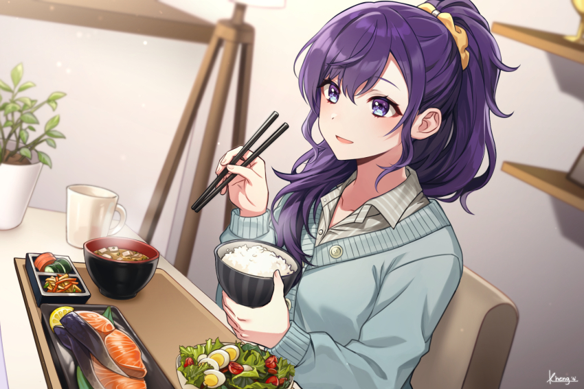 1girl artist_name asahina_mafuyu blue_cardigan bowl cardigan carrot_slice cherry_tomato chopsticks collared_shirt commentary cucumber cucumber_slice cup egg english_commentary food fruit grey_shirt guest_art hair_ornament hair_over_shoulder hair_scrunchie hardboiled_egg high_ponytail highres holding holding_bowl holding_chopsticks indoors kheng_(k_heng1223) lamp lemon lettuce light_blush long_hair long_sleeves looking_ahead miso_soup mug official_art parted_lips plant ponytail potted_plant project_sekai purple_eyes purple_hair rice rice_bowl salad salmon scrunchie shelf shirt sitting sliced_egg smile solo steam striped_clothes striped_shirt table tomato vertical-striped_clothes vertical-striped_shirt
