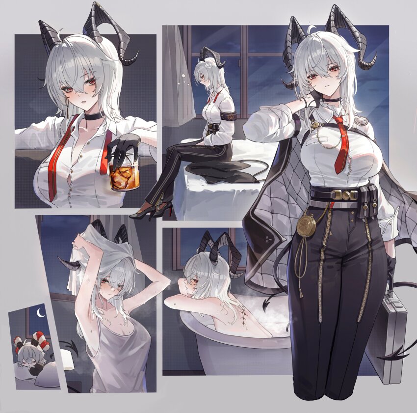 1girl absurdres armband bathing bedroom black_armband black_choker black_gloves black_horns black_jacket black_shoes black_tail blush breasts button_gap camisole chest_harness choker cleavage closed_mouth collarbone collared_shirt commentary crescent_moon cup curled_horns demon_tail drinking_glass gloves hair_between_eyes hand_on_own_neck harness high-waist_pants high_heels highres holding holding_cup holding_suitcase holding_towel horn_cover horns indoors jacket jacket_on_shoulders large_breasts long_hair lunia mole mole_on_breast moon multiple_views necktie night pants red_eyes red_necktie shirt shirt_tucked_in shoes sitting sleeping sleepy suitcase tacet_mark_(wuthering_waves) tail towel undone_necktie white_camisole white_hair white_shirt wuthering_waves zani_(wuthering_waves)