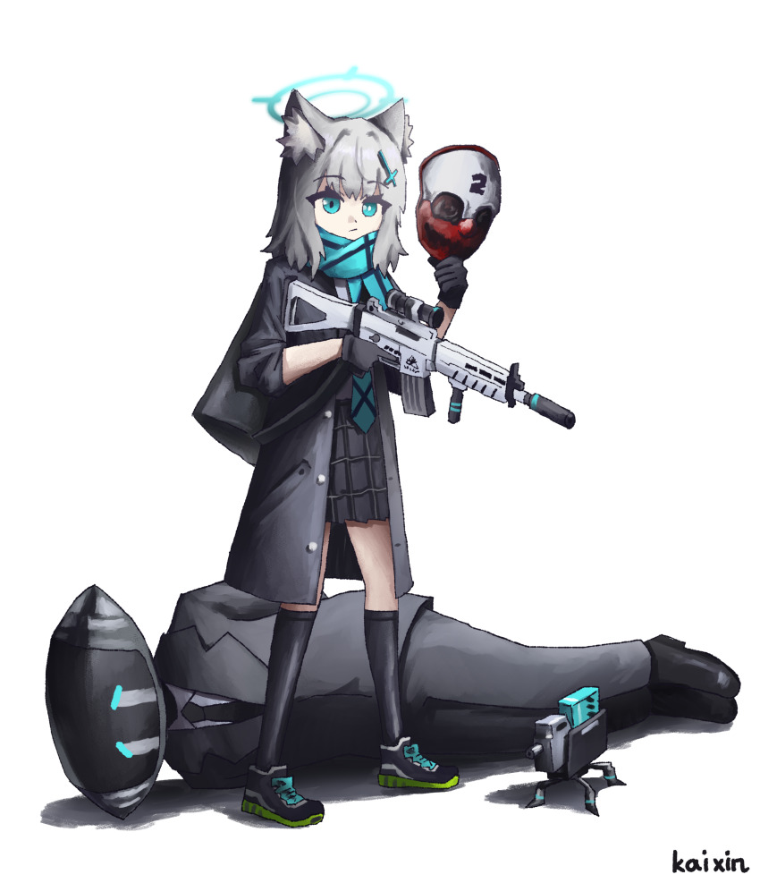 1girl absurdres adapted_costume alternate_costume android_(blue_archive) animal_ear_fluff animal_ears aqua_scarf assault_rifle black_gloves black_skirt black_socks blue_archive blue_eyes business_suit collared_shirt commentary cross cross_hair_ornament formal_clothes full_body gloves grey_hair gun hair_between_eyes hair_ornament halo highres holding holding_gun holding_mask holding_weapon hood hooded_coat inverted_cross kai_xin kneehighs long_sleeves mask medium_hair mismatched_pupils payday_(series) payday_2 plaid_clothes plaid_skirt pleated_skirt rifle scarf school_uniform shiroko_(blue_archive) shirt shoes sidelocks sig_sauer_556 simple_background skirt sneakers socks standing suit unworn_mask weapon white_shirt wolf_(payday) wolf_ears wolf_girl