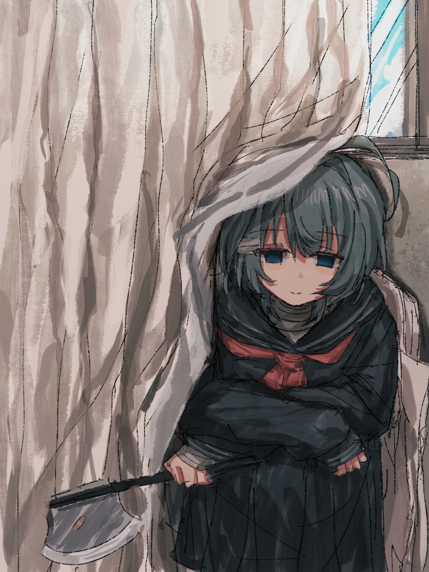 1girl absurdres ahoge axe bandaged_neck bandages bandaid black_serafuku black_shirt black_skirt blue_eyes chinese_commentary closed_mouth commentary_request curtains empty_eyes green_hair hair_intakes hair_ornament hairclip highres holding holding_axe indoors long_skirt long_sleeves neckerchief original pleated_skirt red_neckerchief sailor_collar sailor_shirt school_uniform serafuku shirt short_hair shuru_shenme_mingzi skirt smile solo squatting window