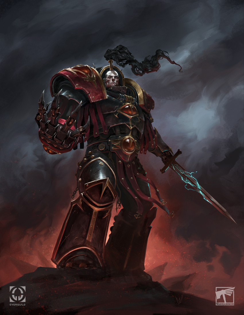 1boy adeptus_astartes alvarojh_art armor black_armor black_hair bow chain chaos_space_marine clawed_gauntlets cloud cloudy_sky copyright_logo electricity eyes_of_horus_(warhammer_40k) ezekyle_abaddon fire full_body glowing glowing_sword glowing_weapon greaves hair_bow hair_tubes highres holding holding_sword holding_weapon lightning_claw male_focus pale_skin pauldrons pelvic_curtain power_armor red_ribbon ribbon shoulder_armor sky sons_of_horus sparks sunken_cheeks sword terminator_armor war_hammer warhammer_40k weapon white_eyes