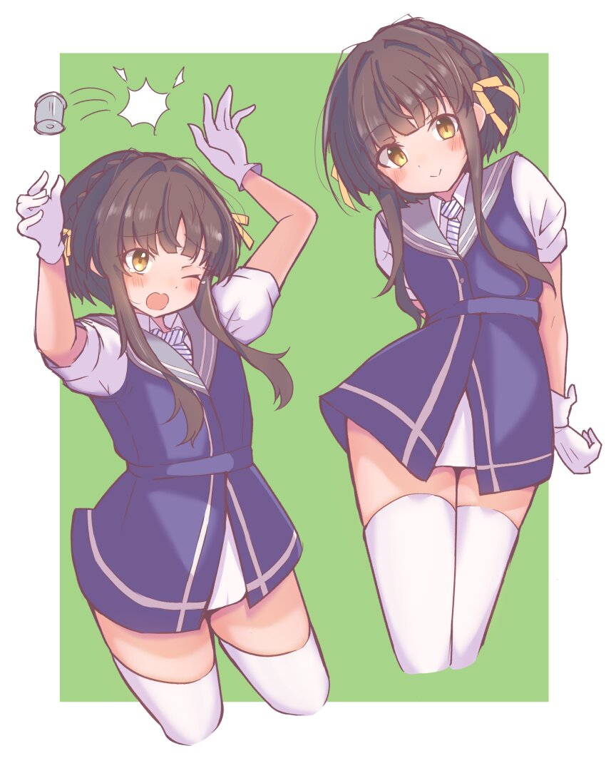 1girl 702_(naotsu) absurdres black_hair blue_dress brown_eyes cropped_legs depth_charge diagonal-striped_clothes diagonal-striped_necktie dress gloves green_background grey_sailor_collar highres kantai_collection looking_at_viewer multiple_views necktie sailor_collar shirt short_hair short_hair_with_long_locks striped_clothes striped_necktie thighhighs ukuru_(kancolle) white_gloves white_shirt white_thighhighs
