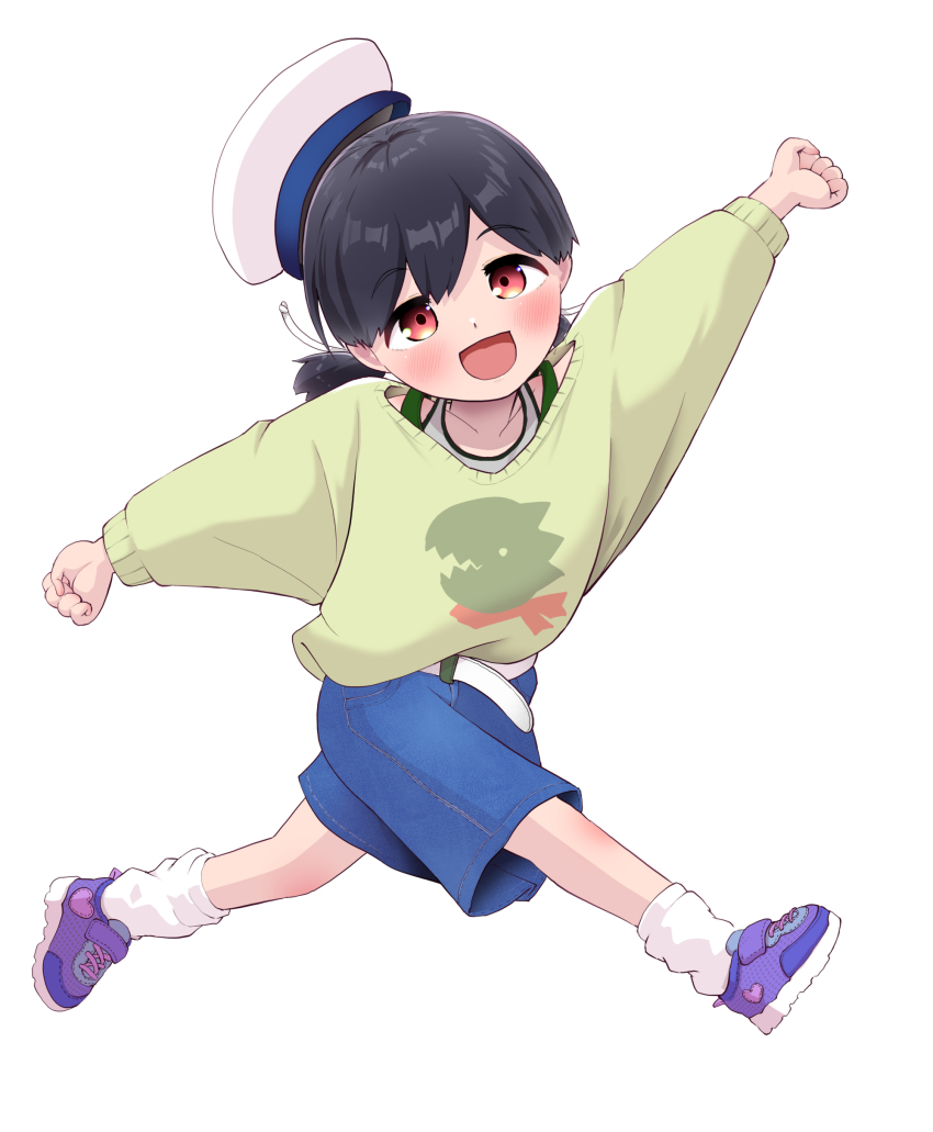 1girl absurdres alternate_costume black_hair blue_shorts brown_eyes full_body green_sweater hat hiburi_(kancolle) highres kantai_collection looking_at_viewer low_ponytail ponytail purple_footwear running sailor_hat short_hair shorts smile solo sweater white_hat yonemiya_inaho