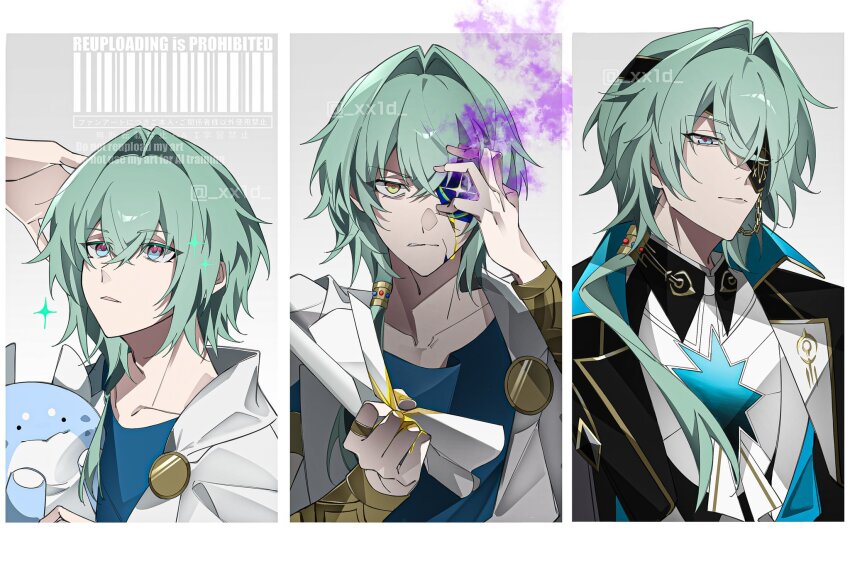 1boy age_progression anaxa_(honkai:_star_rail) arm_guards black_coat blue_eyes blue_shirt border coat dromas_(honkai:_star_rail) eyepatch gold_blood green_hair grey_background grimace hand_on_own_face highres honkai:_star_rail honkai_(series) jacket male_focus multicolored_eyes oo_1y pink_eyes serious shirt stuffed_dinosaur twitter_username two-tone_eyes watermark white_background white_jacket yellow_eyes