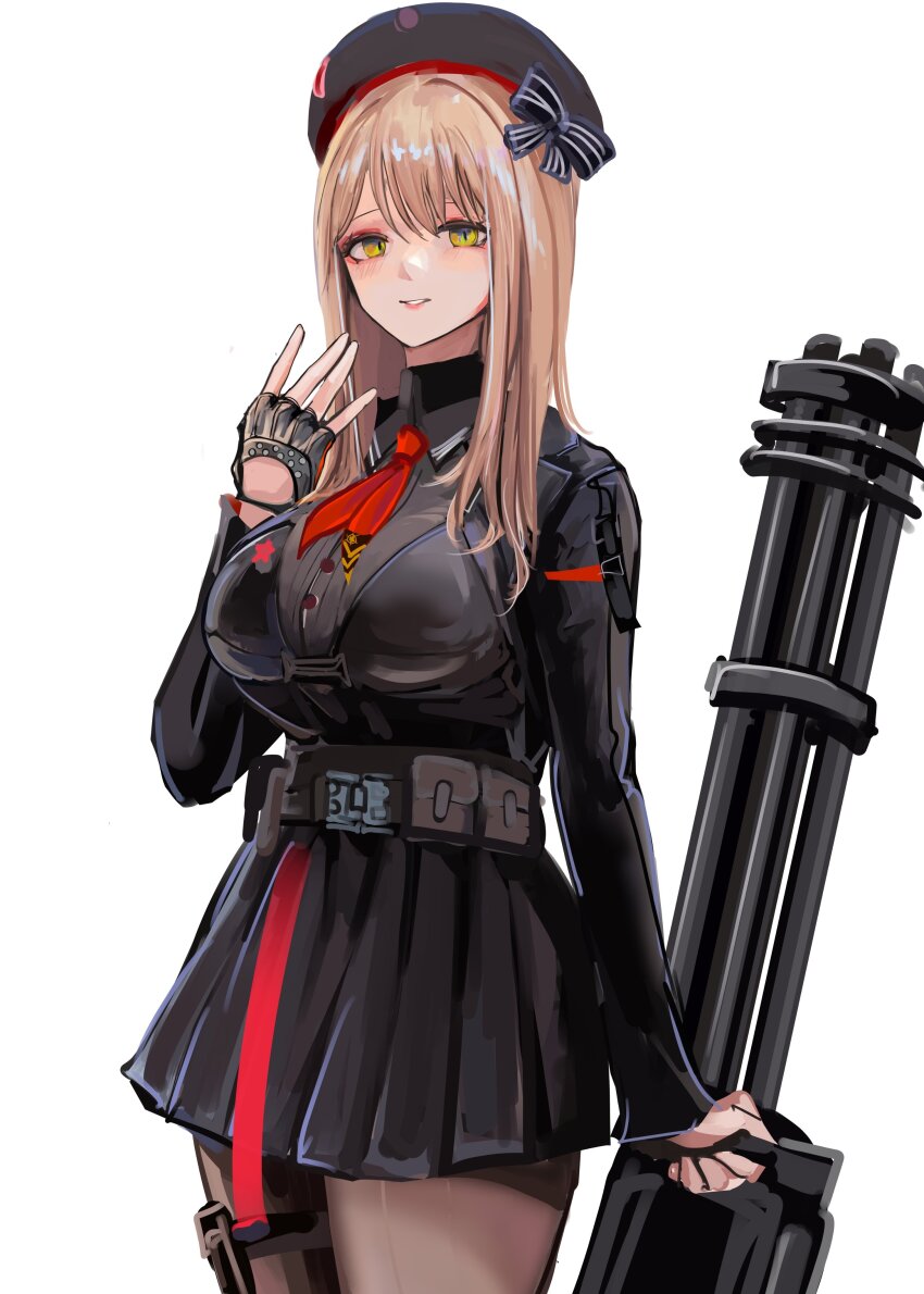 1girl absurdres ammunition_belt beret black_dress black_gloves black_hat black_pantyhose blonde_hair blush bow breasts dress emma_(nikke) feet_out_of_frame fingerless_gloves gatling_gun gloves goddess_of_victory:_nikke green_eyes gun hair_bow hand_up hat highres holding holding_gun holding_weapon lithographica long_hair long_sleeves looking_at_viewer medium_breasts minigun necktie pantyhose parted_lips red_necktie solo standing weapon white_background