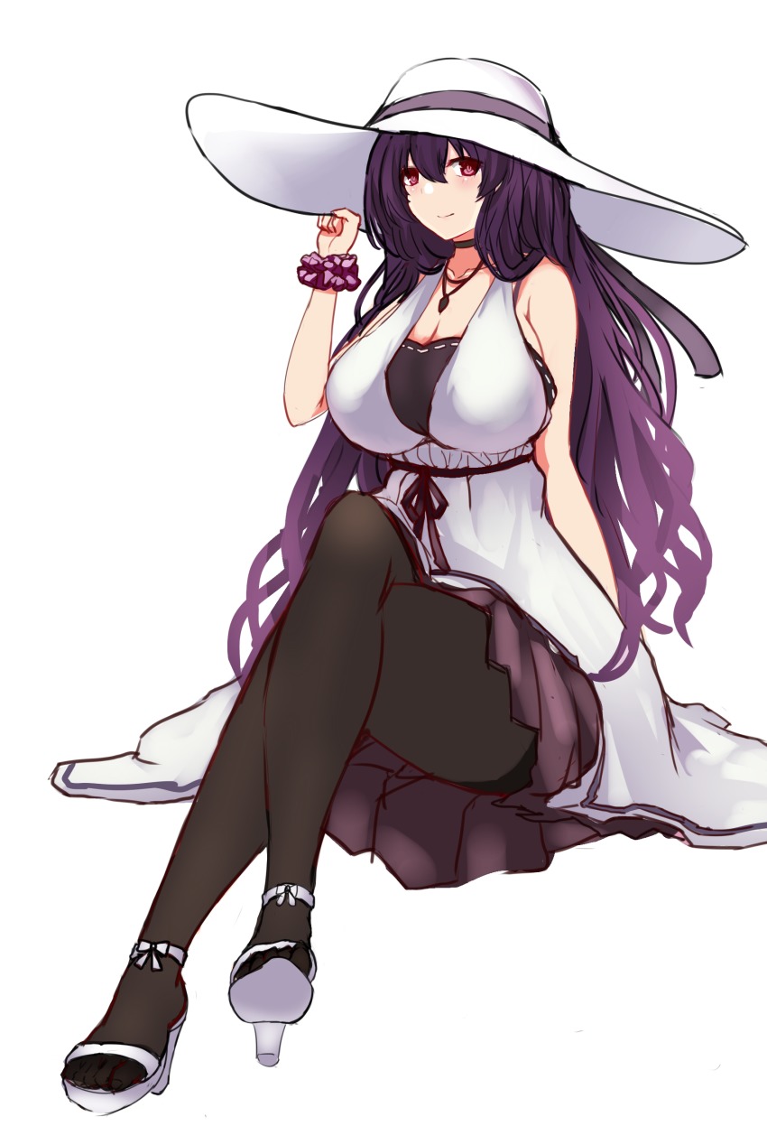 1girl absurdres artistic_error black_hair black_pantyhose breasts cleavage female_focus hat high_heels highres hu_sea huge_breasts invisible_chair jewelry kasumigaoka_utaha long_hair looking_at_viewer necklace pantyhose purple_hair red_eyes saenai_heroine_no_sodatekata sandals shoes simple_background sitting sleeveless smile solo sun_hat thighband_pantyhose toeless_footwear white_background wrong_foot