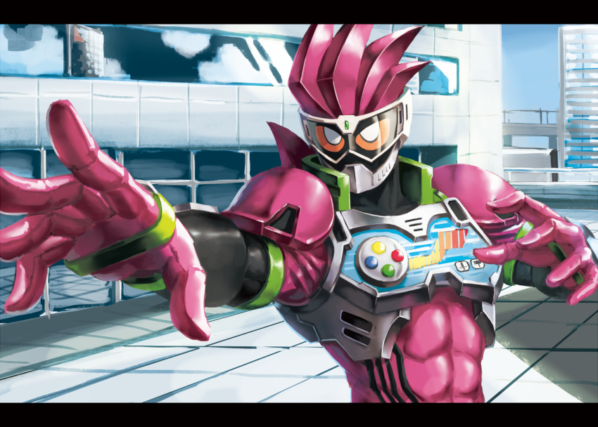 1boy abs armor black_sleeves city collar controller game_controller gloves goggles hammer health_bar hospital kamen_rider kamen_rider_ex-aid kamen_rider_ex-aid_(series) male_focus mighty_action_x_level_2 open_hands orange_eyes outstretched_arm pink_armor pink_gloves pink_hair ranma_(kamenrideroz) shoulder_armor spiked_hair sword tokusatsu weapon
