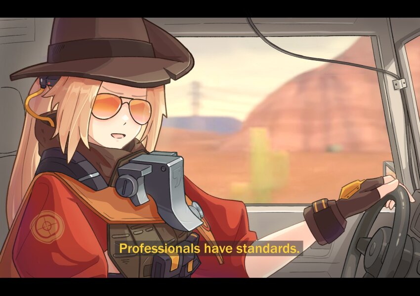 1girl aviator_sunglasses blonde_hair brown_gloves brown_hat cactus commentary cosplay driving english_commentary english_text fingerless_gloves gloves hat jagos_(legocup) letterboxed long_hair looking_at_viewer meet_the_team motion_blur orange-tinted_eyewear parody pouch red_shirt scene_reference shirt sniper_(tf2) sniper_(tf2)_(cosplay) solo steering_wheel subtitled sunglasses team_fortress_2 tinted_eyewear trigger_(zenless_zone_zero) upper_body vehicle_interior zenless_zone_zero