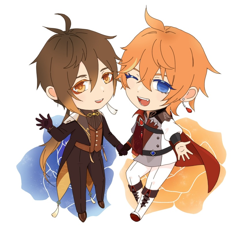 2boys bengbeng chibi genshin_impact highres holding_hands maestro multiple_boys music official_alternate_costume one_eye_closed outstretched_hand tartaglia_(genshin_impact) wink yaoi zhongli_(genshin_impact)
