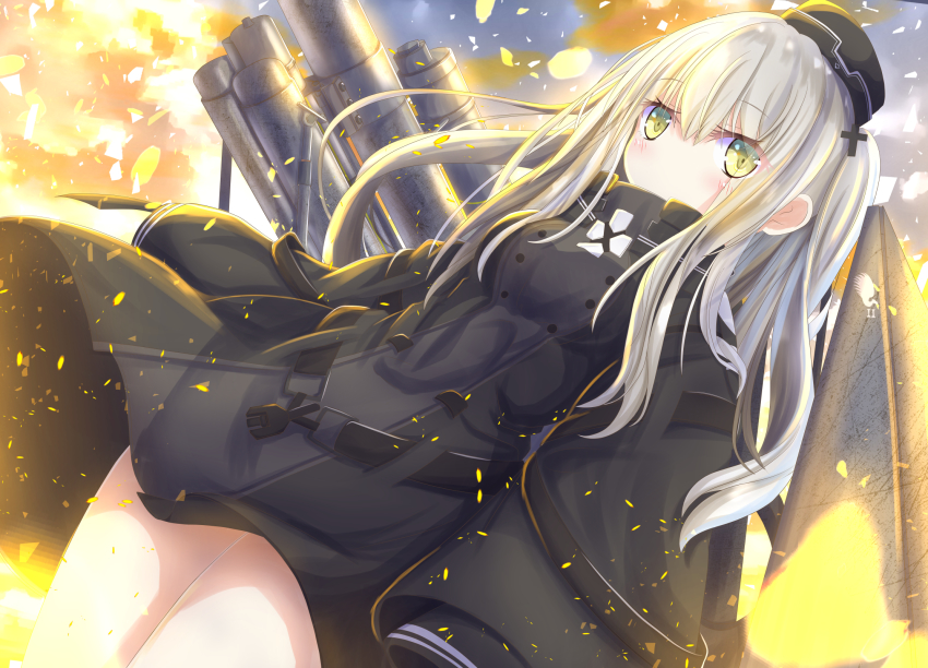 1girl 88_flak 88_flak_(ash_arms) aruka_(alka_p1) ash_arms black_dress black_hat blush commentary_request covered_mouth dress dutch_angle female_focus green_eyes hair_between_eyes hat highres long_hair long_sleeves looking_at_viewer mini_hat silver_hair sleeves_past_fingers sleeves_past_wrists solo very_long_hair