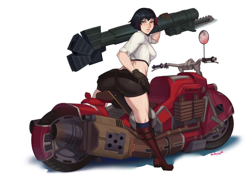 1girl absurdres artist_name ass bike_shorts blush boots devil_may_cry devil_may_cry_(series) devil_may_cry_3 green_eyes heterochromia highres holding holding_rocket_launcher holding_weapon kalina_ann_(weapon) lady_(devil_may_cry) looking_at_viewer looking_back midriff motor_vehicle motorcycle nidhoggn on_motorcycle red_eyes rocket_launcher scar scar_on_face scar_on_nose shirt simple_background weapon white_background white_shirt