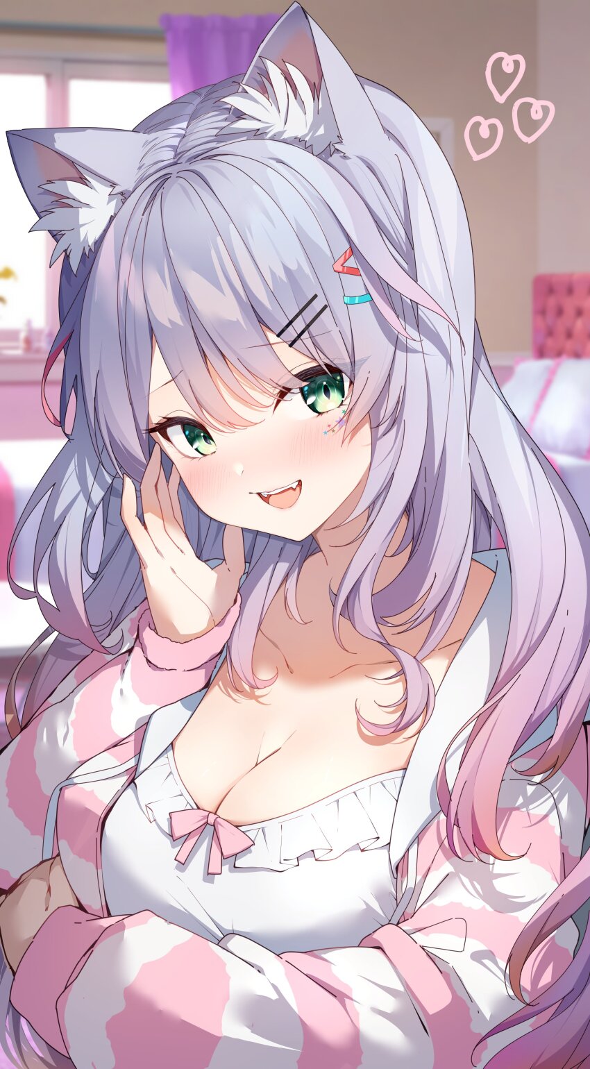 1girl absurdres animal_ear_fluff animal_ears blurry blurry_background blush breasts cleavage collarbone curtains darjeeling_(reley) gradient_hair green_eyes hair_ornament hairclip hand_up heart highres indie_virtual_youtuber indoors jacket large_breasts long_hair long_sleeves looking_at_viewer multicolored_hair multicolored_jacket open_mouth pillow purple_hair sata_nakia second-party_source solo teeth two-tone_jacket upper_body upper_teeth_only virtual_youtuber window