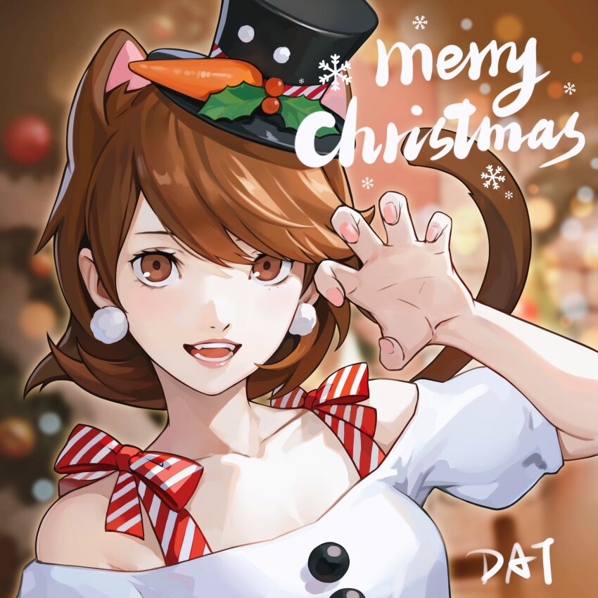 1girl absurdres animal_ears artist_name bare_shoulders black_hat blurry blurry_background brown_eyes brown_hair cat_ears cat_tail christmas christmas_lights christmas_ornaments christmas_tree collarbone commentary da-cart dress earrings english_commentary fangs flipped_hair gao hand_up hat hat_ornament highres holly_hat_ornament jewelry lips looking_at_viewer merry_christmas mini_hat off_shoulder official_alternate_costume open_hand open_mouth persona persona_3 persona_3:_dancing_moon_night persona_dancing pink_lips pink_nails pom_pom_(clothes) pom_pom_earrings puffy_short_sleeves puffy_sleeves short_hair short_sleeves snowflakes solo swept_bangs tail takeba_yukari upper_body white_dress