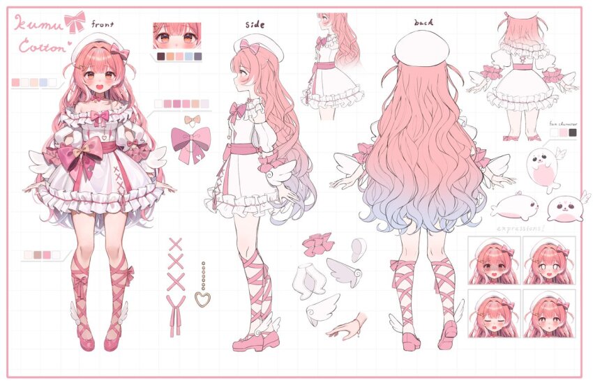 1girl beret blue_hair blush bow character_name color_guide commentary dress english_commentary english_text frilled_dress frills full_body gradient_hair hair_bow haneiro hat heart heartsync kumu_cotton long_hair looking_at_viewer multicolored_hair multiple_expressions multiple_views official_art orange_eyes pink_bow pink_hair pink_shoes reference_sheet second-party_source shaded_face shoes standing two_side_up very_long_hair virtual_youtuber white_background white_dress white_hat