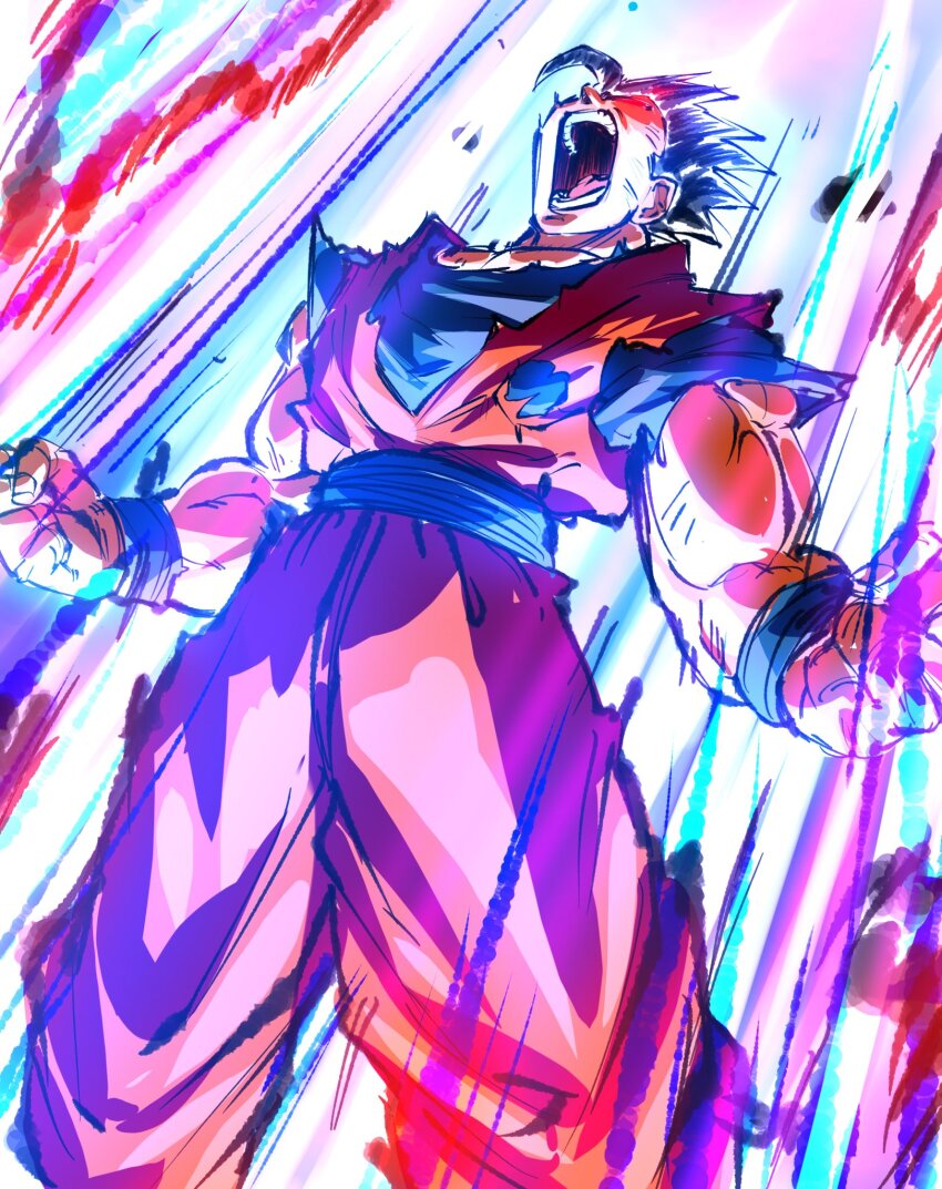 aura blue_sash blue_shirt clenched_hands dougi dragon_ball dragon_ball:_sparking! dragonball_z highres open_mouth orange_pants orange_shirt pants potential_unleashed powering_up rz28kp sash screaming shirt son_gohan torn_clothes torn_shirt