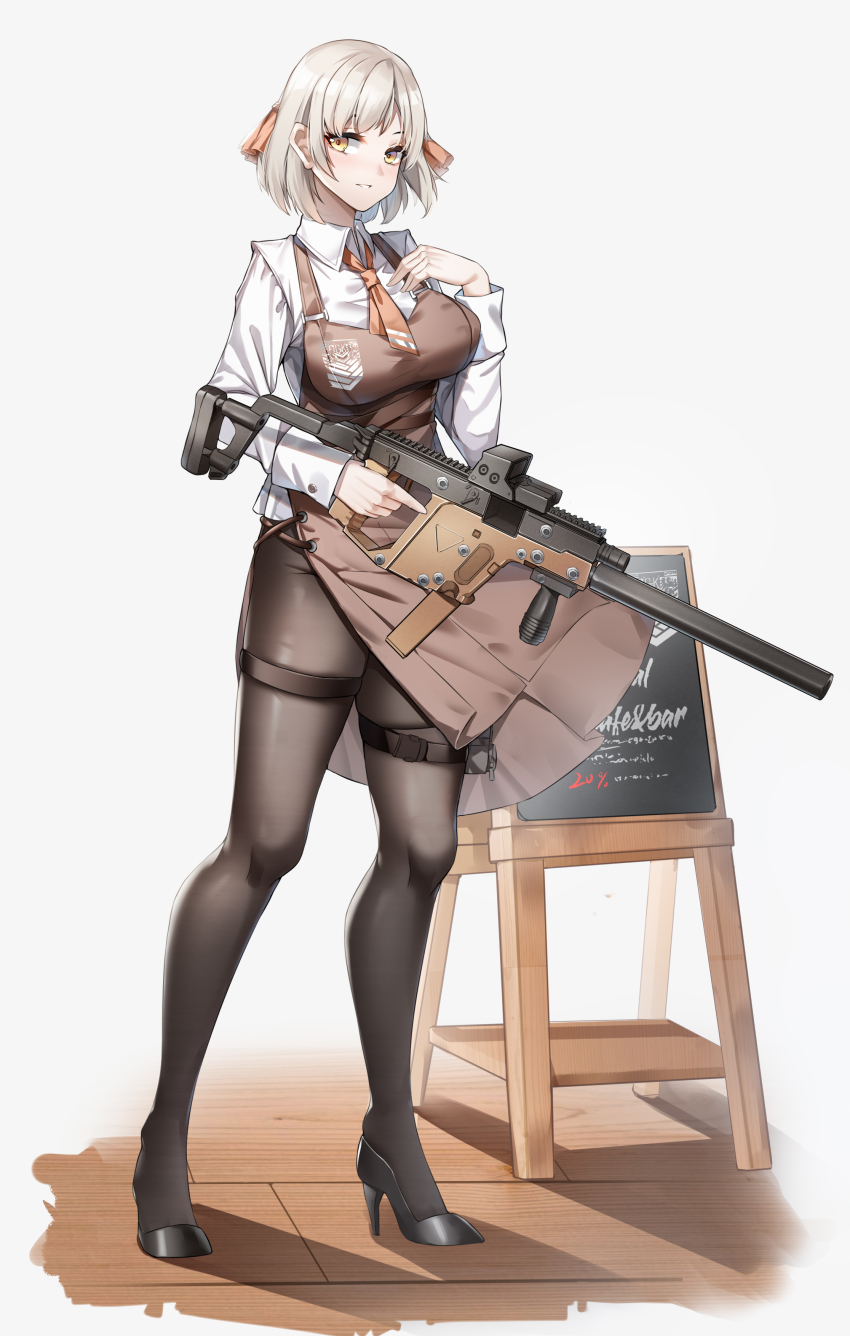 1girl absurdres apron black_footwear black_pantyhose breasts brown_apron collared_shirt full_body girls&#039;_frontline grey_hair gun high_heels highres kriss_usa kriss_vector long_sleeves lubikaya magpul medium_breasts pantyhose shirt short_hair silencerco solo standing submachine_gun suppressor thigh_strap transformational_defense_industries vector_(girls&#039;_frontline) weapon white_shirt yellow_eyes