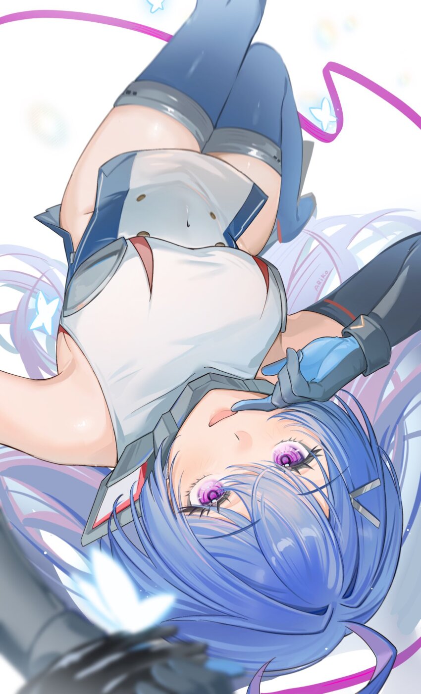 1girl ahoge ariko_(aaaaarik) artist_name azur_lane bare_shoulders blue_gloves blue_hair blue_thighhighs blurry blurry_foreground bug butterfly buttons colored_inner_hair double-breasted elbow_gloves female_pov gloves hair_intakes helena_(azur_lane) helena_(meta)_(azur_lane) helena_(retrofit)_(azur_lane) highres holding_hands insect long_hair looking_at_viewer lying multicolored_hair on_back open_mouth pov pov_hands purple_eyes purple_hair signature sleeveless smile solo_focus thighhighs thighs two-tone_hair very_long_hair