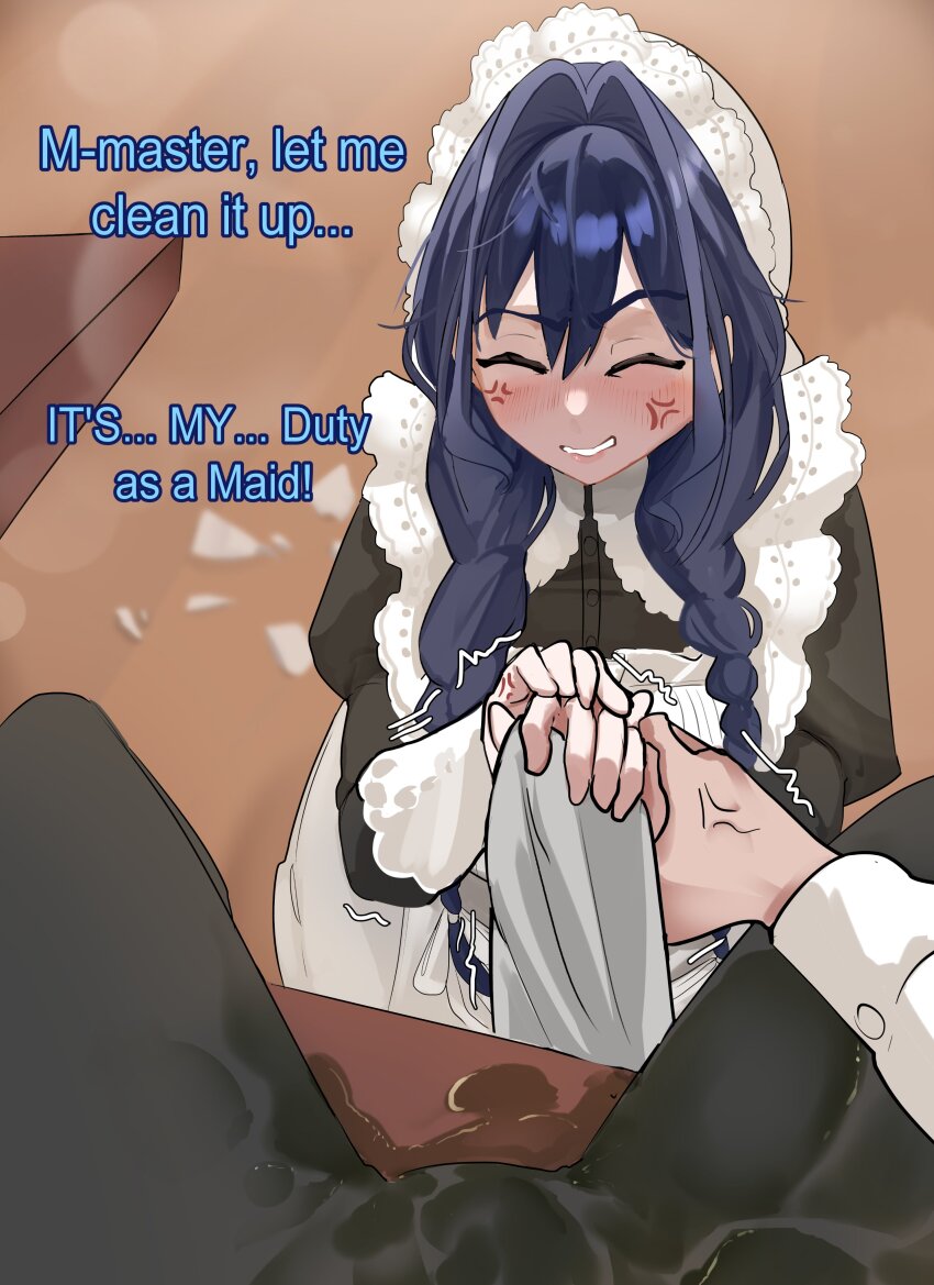 1girl 1other absurdres anger_vein apron black_dress black_pants blue_hair blush braid broken_plate chair cleaning_rag closed_eyes commentary dress english_commentary english_text fangs hair_intakes hat highres hololive hololive_english koizumi_arata long_hair low_twin_braids maid_apron mob_cap motion_lines official_alternate_costume official_alternate_hairstyle ouro_kronii ouro_kronii_(maid) pants plate sitting spill table teeth twin_braids virtual_youtuber wet_pants white_apron
