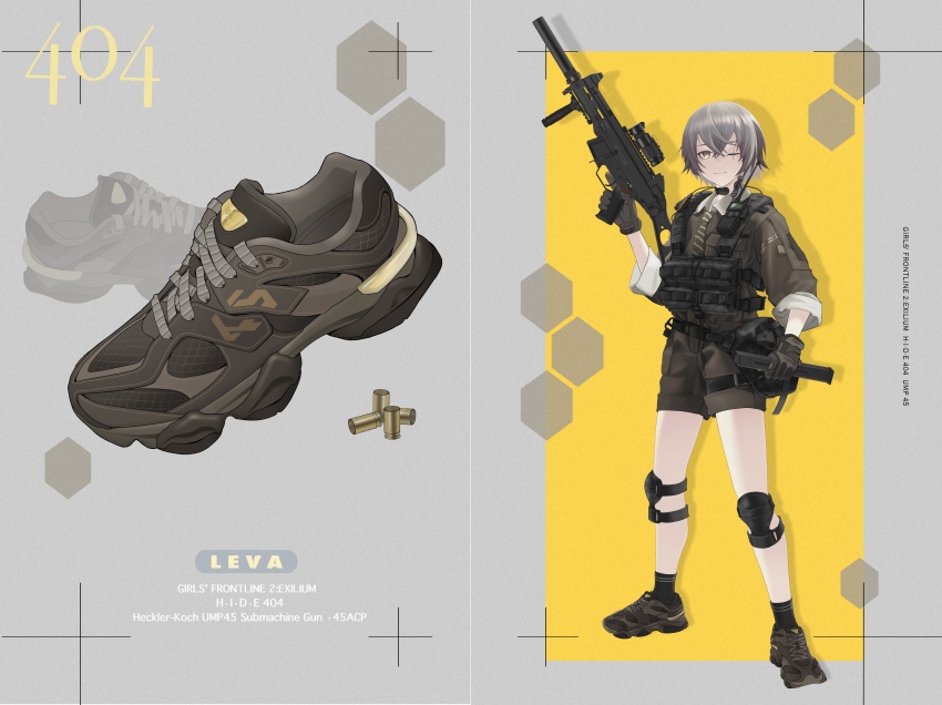 1girl absurdres artist_request black_socks brown_hair brown_jacket brown_necktie brown_shorts character_name chinese_commentary commentary_request copyright_name cross-laced_shoes english_text full_body girls&#039;_frontline girls&#039;_frontline_2:_exilium grey_background gun h&amp;k_ump highres holding holding_magazine_(weapon) jacket knee_pads leva_(girls&#039;_frontline_2) light_smile looking_at_viewer magazine_(weapon) necktie official_alternate_hair_length official_alternate_hairstyle one_eye_closed shell_casing shoes short_hair shorts simple_background sleeves_rolled_up smile sneakers socks solo standing striped_necktie submachine_gun suppressor tactical_clothes trigger_discipline two-tone_background ump45_(girls&#039;_frontline) walkie-talkie weapon weapon_name yellow_background