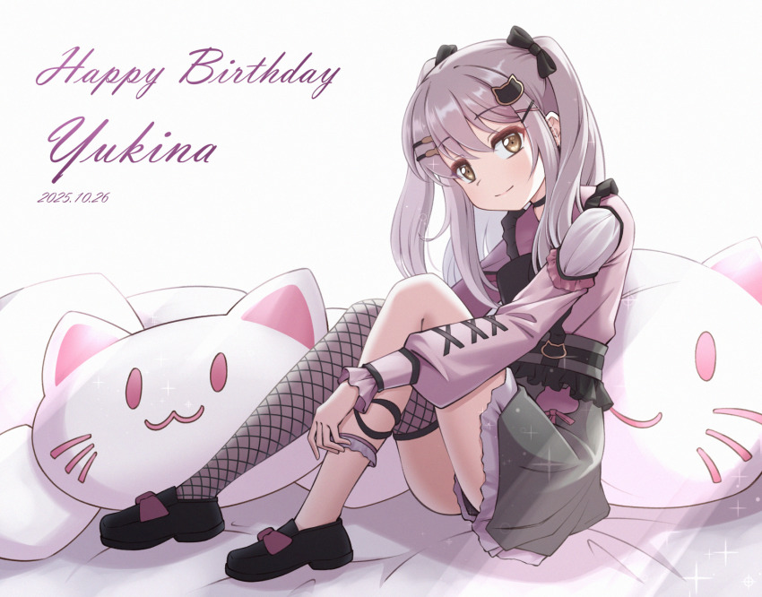 1girl bang_dream! black_bow black_shoes black_skirt bow cat-shaped_pillow closed_mouth commentary dated english_commentary fishnet_thighhighs fishnets frilled_shirt frilled_skirt frills grey_hair grey_thighhighs hair_bow hair_ornament hairclip happy_birthday highres jirai_kei jiwon_(sj1) long_hair minato_yukina multicolored_hair parallel_hairclips pink_shirt shirt shoes single_thighhigh sitting skirt solo thighhighs two-tone_hair yellow_eyes