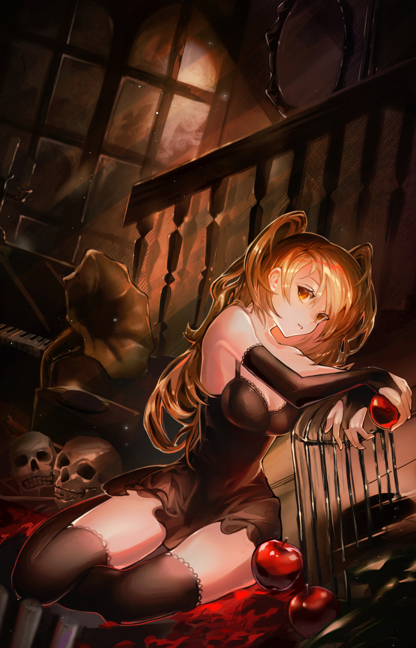 1girl absurdres amane_misa apple baluster bare_shoulders birdcage black_dress black_gloves black_thighhighs blonde_hair bridal_gauntlets cage commentary death_note dress elbow_gloves food fruit gloves highres holding holding_food holding_fruit instrument leaning_on_object long_hair looking_at_viewer mirror osushi_tabetarou parted_lips phonograph piano sitting skull solo thighhighs two_side_up window yellow_eyes zettai_ryouiki