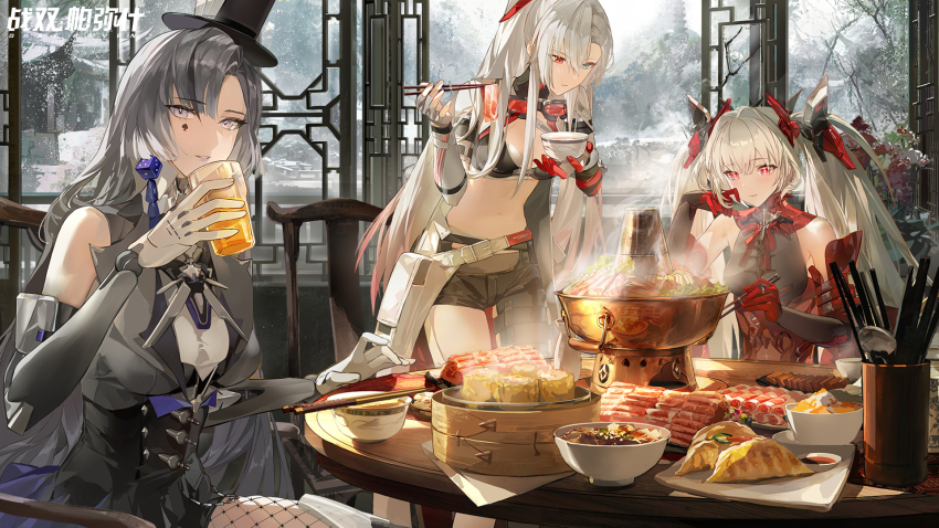 3girls alpha_(pgr) architecture artist_request asymmetrical_legwear bamboo_steamer bandeau blue_eyes bowl chair chinese_commentary chopsticks copyright_name cube_earrings east_asian_architecture facial_mark food gloves grey_hair hat heterochromia highres holding holding_bowl holding_chopsticks hotpot lattice lilith_(pgr) lucia:_crimson_weave_(pgr) luna:_oblivion_(pgr) luna_(pgr) meat multiple_girls navel official_art ponytail punishing:_gray_raven red_eyes second-party_source sitting snow spade_(shape) spade_facial_mark spoon stomach table top_hat twintails white_gloves white_hair winter