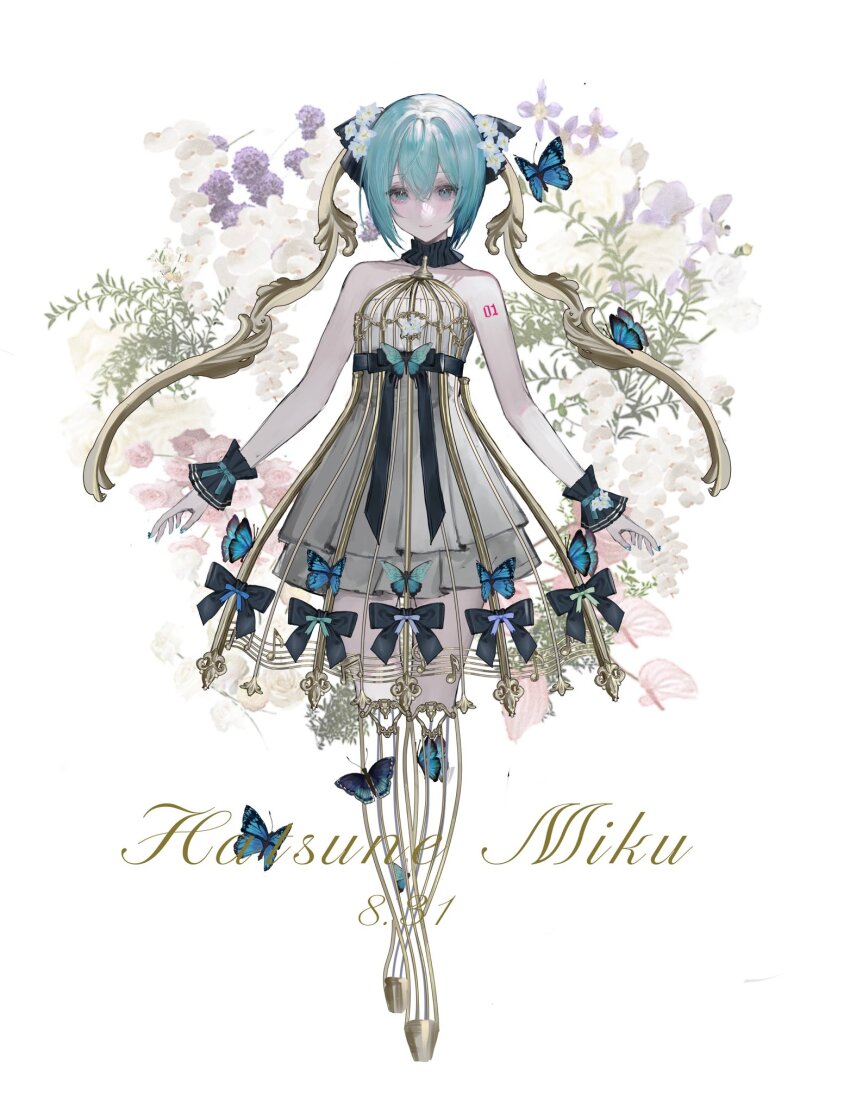 1girl aqua_eyes aqua_hair bare_shoulders black_butterfly blue_butterfly bow bug butterfly character_name dress flower full_body green_eyes green_hair hair_flower hair_ornament hatsune_miku highres iggy.m insect looking_at_viewer sleeveless sleeveless_dress smile solo striped_clothes tattoo thighhighs twintails vertical-striped_clothes white_background wrist_cuffs