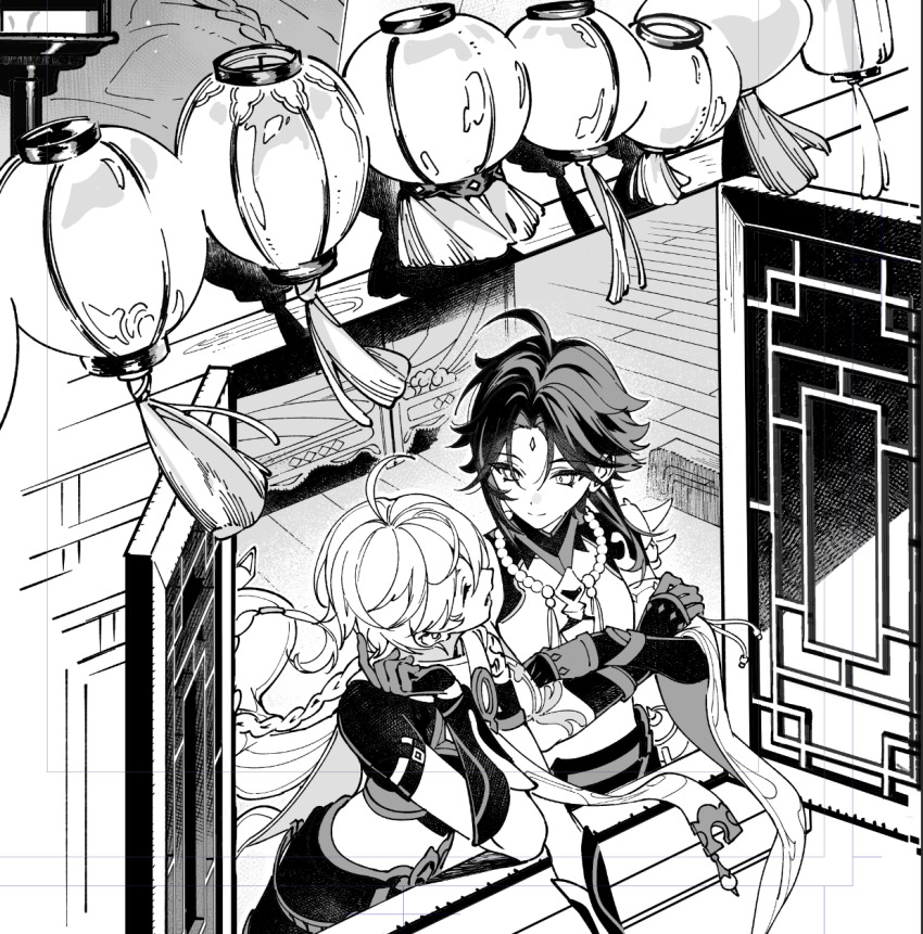 2boys aether_(genshin_impact) against_window ahoge annshiro76 architecture bead_necklace beads braid braided_ponytail crossed_arms east_asian_architecture elbow_rest facial_mark facing_another forehead_mark from_outside genshin_impact gloves greyscale happy highres jewelry lantern looking_at_another looking_to_the_side male_focus monochrome multiple_boys necklace open_window_shutter paper_lantern side-by-side split_mouth standing window xiao_(genshin_impact)