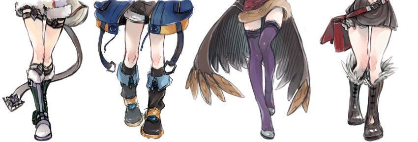 4girls black_boots blue_jacket boots brown_boots brown_coat coat commentary_request creator_(ragnarok_online) fur-trimmed_boots fur_trim highres jacket lower_body meister_(ragnarok_online) multiple_girls open_clothes open_jacket purple_thighhighs ragnarok_online red_bag shadow_chaser_(ragnarok_online) simple_background thighhighs white_background wind_hawk_(ragnarok_online) yutsuki