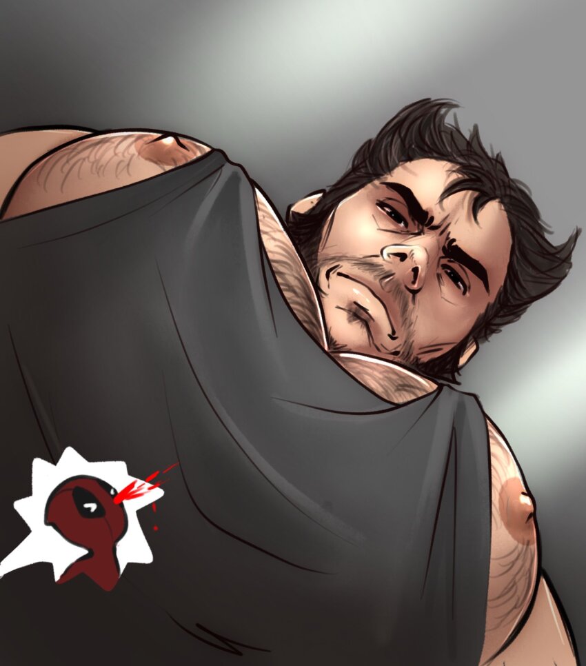 &gt;_&lt; 2boys bara beard blood blush chest_hair commentary deadpool deadpool_&amp;_wolverine deadpool_(series) english_commentary facial_hair foreshortening from_below hairy half-closed_eyes highres large_pectorals looking_at_viewer looking_down male_focus marndraws marvel marvel_cinematic_universe meme multiple_boys muscular muscular_male nipple_slip nipples nosebleed pec_pov_(meme) pectoral_cleavage pectoral_focus pectorals red_mask short_hair sidepec solo_focus tank_top upper_body wolverine_(x-men) x-men yaoi