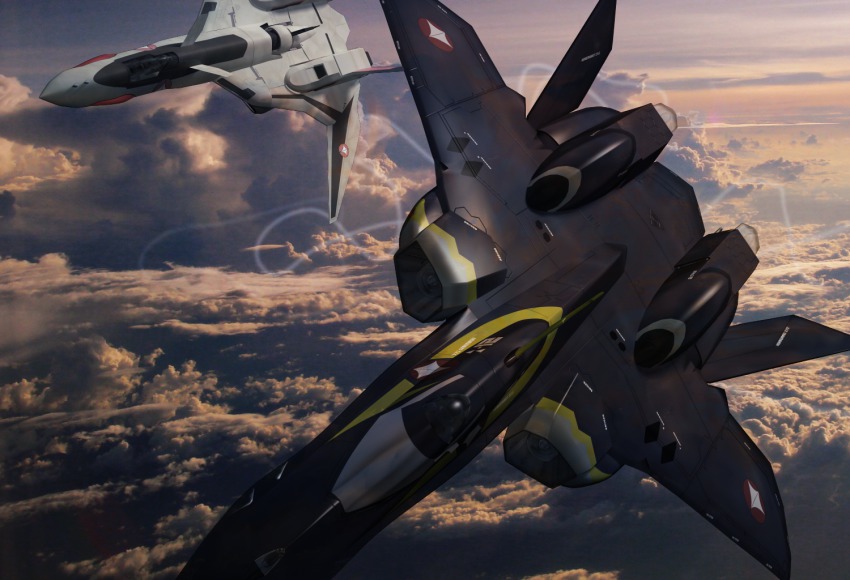 1990s_(style) 3d aircraft airplane canards cloud contrail dusk flying jet macross macross_plus mecha no_humans realistic retro_artstyle robot science_fiction u.n._spacy vehicle_focus yellow_man yf-19 yf-21