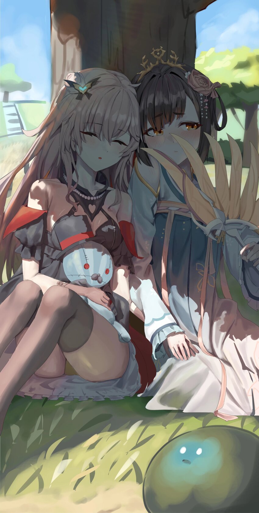 absurdres black_thighhighs brown_hair charlotta_skopovskaya chinese_clothes chone closed_eyes dress folding_fan grass grey_hair hair_bun hand_blush hand_fan hanfu heaven_burns_red highres holding li_yingxia long_hair long_sleeves narvy_(heaven_burns_red) on_ground on_person orange_eyes outdoors qixiong_ruqun single_hair_bun sleeping stuffed_animal stuffed_toy thighhighs tree tree_shade under_tree white_hanfu yuri