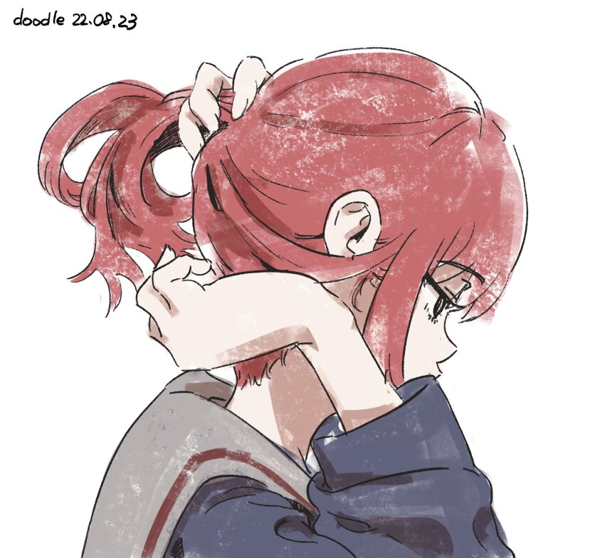 adjusting_hair doodle flcl grabbing_own_hair highres pink_punk_ponk profile samejima_mamimi school_uniform short_hair simple_background updo