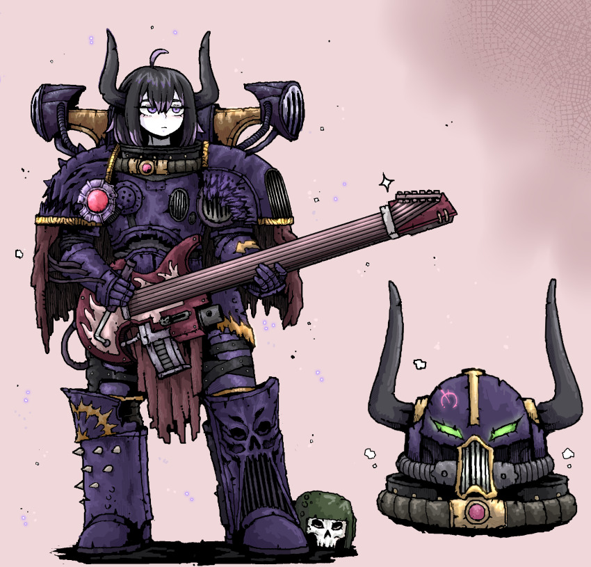 1girl adeptus_astartes ahoge armor black_hair bolter chaos_(warhammer) chaos_space_marine full_armor gradient_hair guitar helmet highres horns instrument jitome multicolored_hair music noise_marines octosoup pauldrons playing_instrument purple_eyes purple_hair shoulder_armor slaanesh_(cult) solo warhammer_40k weapon