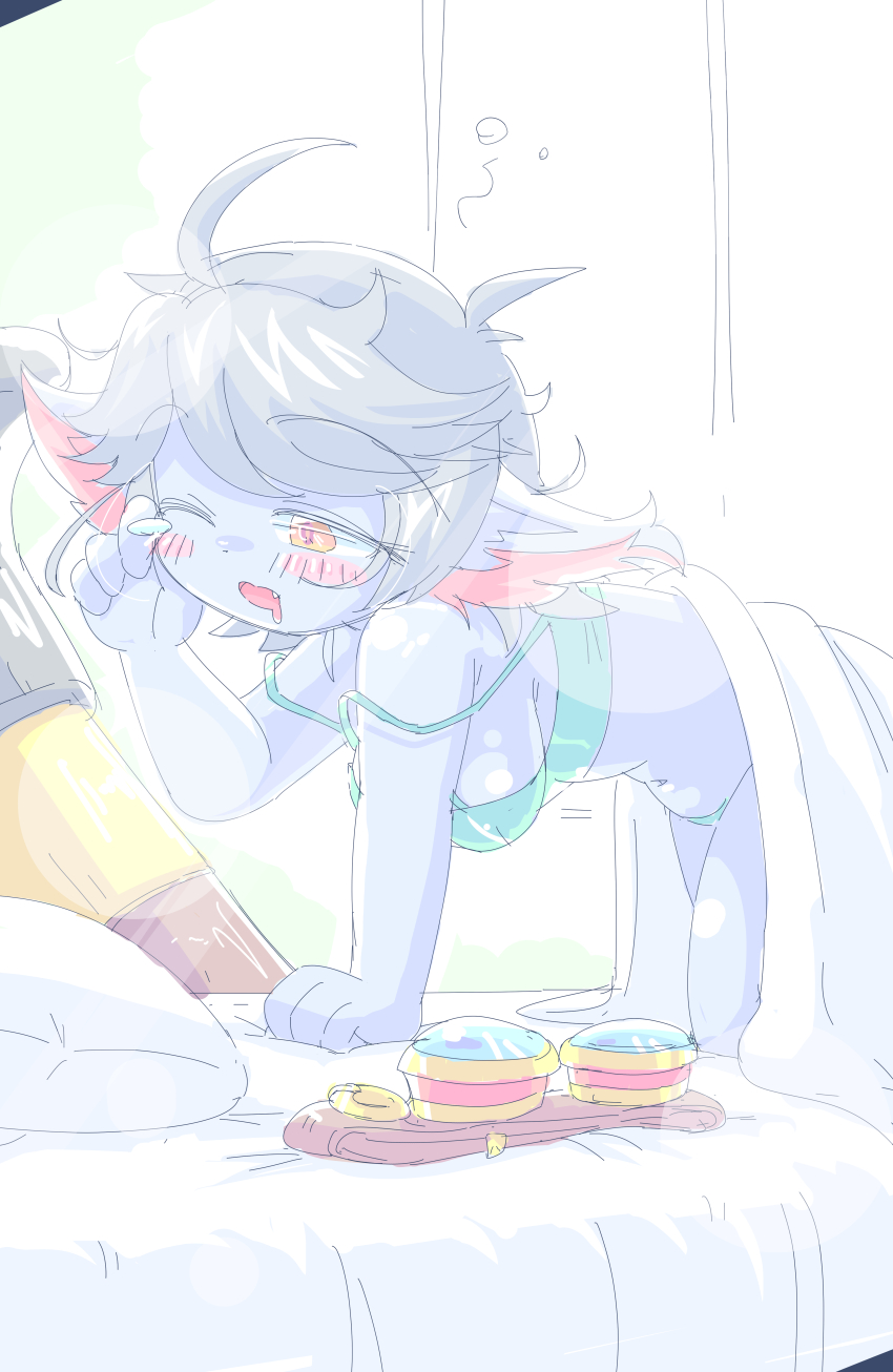 1girl all_fours bed blue_skin blush bra breasts colored_skin dot_nose eyebrows eyelashes fang feet_out_of_frame female_focus from_side goggles green_background green_bra green_panties kayo!!_(gotoran) league_of_legends looking_afar medium_breasts on_bed one_eye_closed open_mouth panties pointy_ears short_hair shortstack simple_background solo strap_lift tristana_(league_of_legends) two-tone_background underwear underwear_only unworn_goggles white_background white_hair yawning yellow_eyes yordle